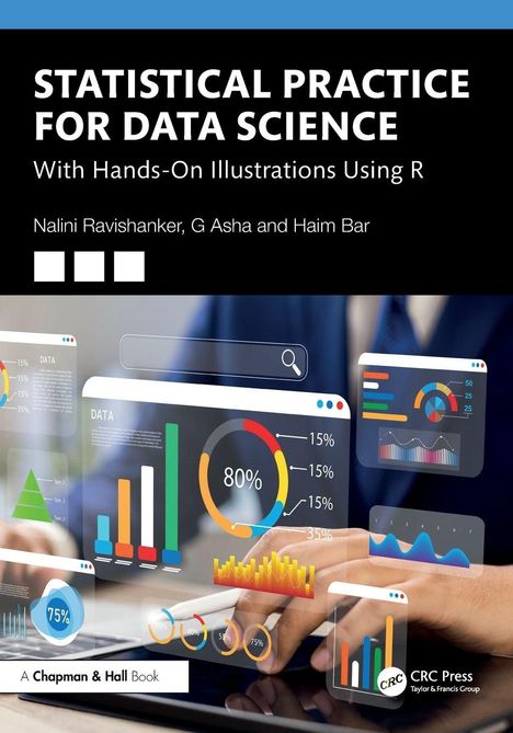 „Statistical Practice for Data Science“ steht oben. Diagramme und Datenvisualisierungen überlappen sich in moderner Grafik.