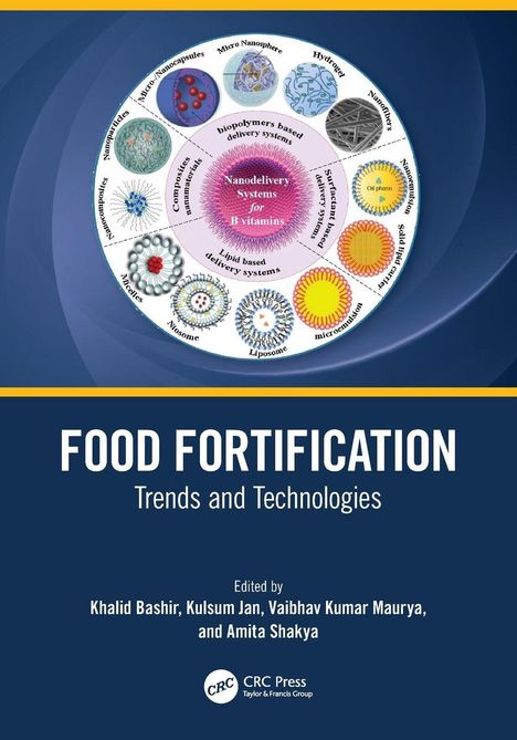 „FOOD FORTIFICATION: Trends and Technologies“ mit Illustrationen von Nanopartikelsystemen und Herausgebernamen.