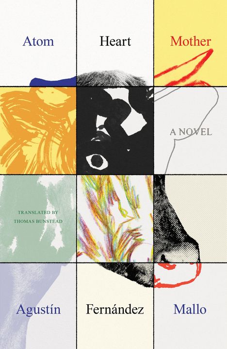 Farbige, abstrakte Illustration mit Text: "Atom Heart Mother", "A Novel", "Agustín Fernández Mallo", "Translated by Thomas Bunstead".
