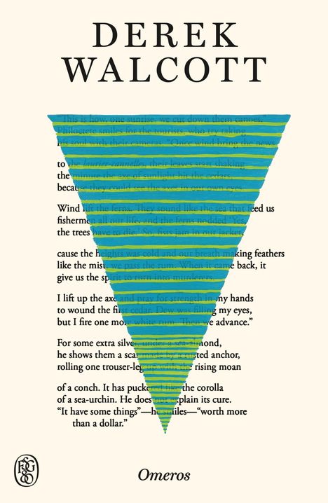 Text: "Derek Walcott" und "Omeros". Illustrierte Umkehrpyramide mit blauen und grünen horizontalen Streifen.