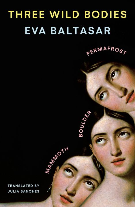 "THREE WILD BODIES, EVA BALTASAR." Gemälde: Drei Frauenköpfe mit nachdenklichen Gesichtsausdrücken über schwarzem Hintergrund.