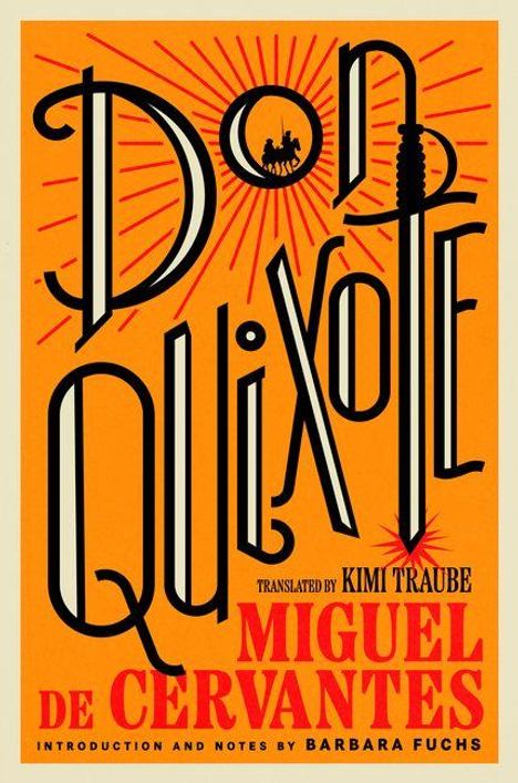 Große Schrift "Don Quixote", darunter "Miguel de Cervantes". Silhouette eines Ritters im "O". Oranger Hintergrund.