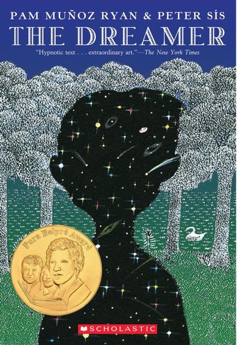 „The Dreamer“ von Pam Muñoz Ryan und Peter Sís. Silhouette eines Kindes vor einem Wald mit Schwänen. Pura Belpré Award-Medaille.