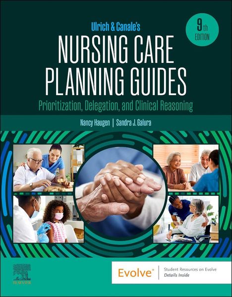 "Nursing Care Planning Guides", 9. Edition, mit Bildern von Pflegeaktivitäten, wie Impfung und Unterstützung älterer Menschen.