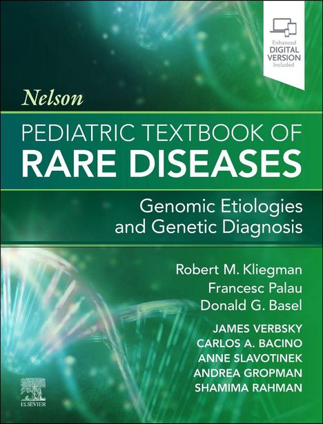 "Nelson Pediatric Textbook of Rare Diseases", "Genomic Etiologies and Genetic Diagnosis", Autoren: Robert M. Kliegman u.a. Grüner Hintergrund.