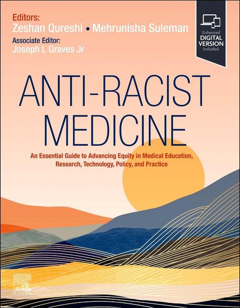 Cover von "Anti-Racist Medicine," mit farbigen Wellen, einem gelben Kreis und Text über medizinische Bildung und Gleichheit.