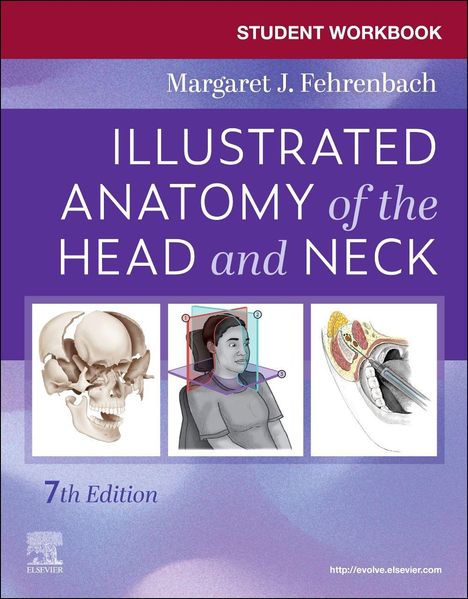 Text: "STUDENT WORKBOOK, Margaret J. Fehrenbach, ILLUSTRATED ANATOMY of the HEAD and NECK, 7th Edition."  
Illustrationen: Schädel, Frau im Profil, Zahnschnitt.