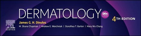 Text: Dermatology DDx Deck 4th Edition. Autoren: James G. H. Dinulos, M. Shane Chapman, Andrew E. Werchniak, Dorothea T. Barton, Mary Wu Chang. Elsevier-Logo. Hintergrund: Dunkel-violett.
