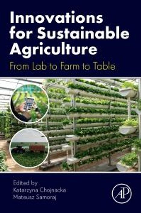 Titel: "Innovations for Sustainable Agriculture: From Lab to Farm to Table." Bilder von vertikaler Landwirtschaft.