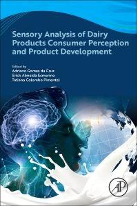 "Sensorial Analysis of Dairy Products: Consumer Perception and Product Development" steht in weißer Schrift auf einem blauen Hintergrund. Unten links ist ein Gehirn mit neuronalen Verbindungen dargestellt.
