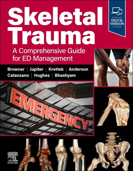 "Skeletal Trauma: A Comprehensive Guide for ED Management." Bilder von Knochen, einem Notfall-Schild und einem Knie.