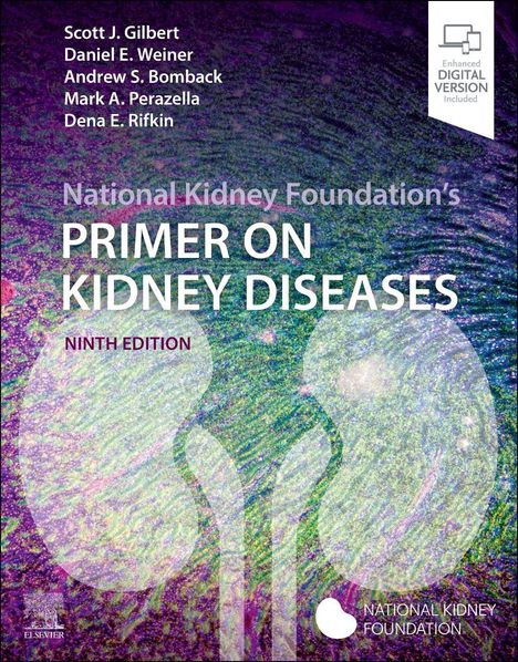 "Primer on Kidney Diseases, Ninth Edition" von Scott J. Gilbert und anderen. Hintergrund mit Nierenabbildung.
