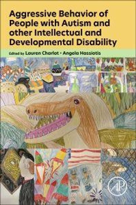 Text: "Aggressive Behavior of People with Autism and other Intellectual and Developmental Disability." Bunte Kinderzeichnungen.
