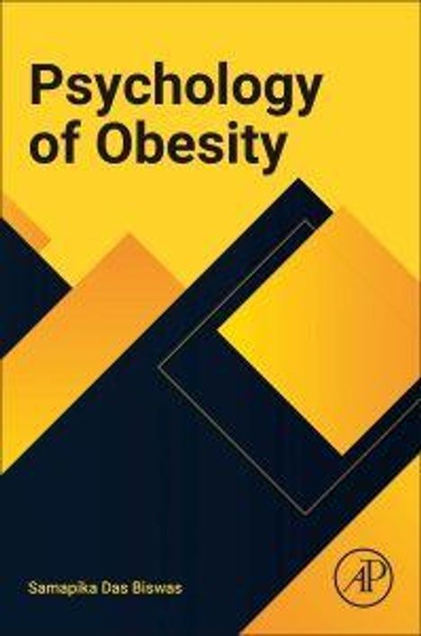 "Psychology of Obesity" und "Samapika Das Biswas" auf gelbem Hintergrund mit geometrischen Formen und schwarzem Logo.