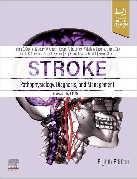 Aufschrift "STROKE: Pathophysiology, Diagnosis, and Management | Eighth Edition". Illustration eines Schädels seitlich.