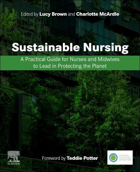 "Sustainable Nursing: Ein praktischer Leitfaden für Krankenpflege und Hebammen. Grüner Hintergrund mit Pflanzen und Gebäuden."