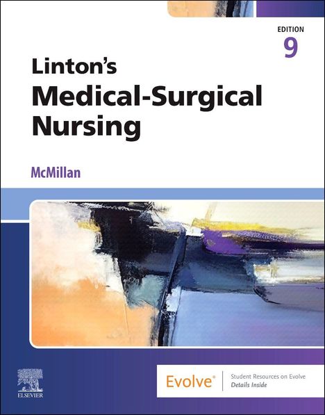 Titel: "Linton’s Medical-Surgical Nursing, Edition 9, McMillan." Abstraktes Gemälde in Blau- und Orangetönen.
