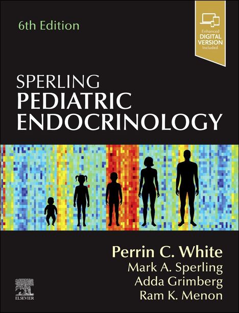 Text: Sperling Pediatric Endocrinology, Perrin C. White. Silhouetten verschiedener Altersstufen vor buntem Hintergrund.
