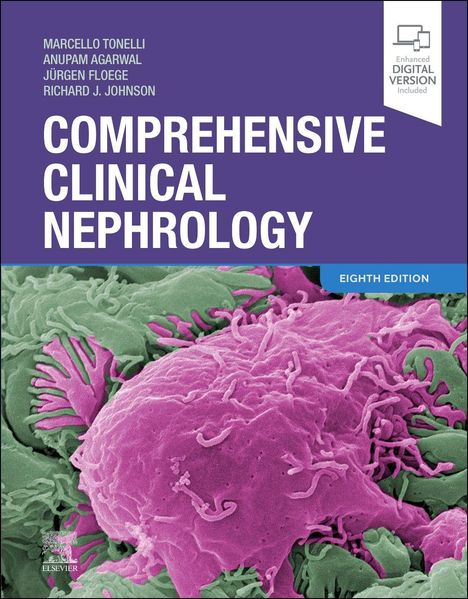 Titel: "Comprehensive Clinical Nephrology". Autoren: Marcello Tonelli, Anupam Agarwal, Jürgen Floege, Richard J. Johnson. Papierschicht: Eighth Edition. Illustration: Zelle in Lila und Grün.
