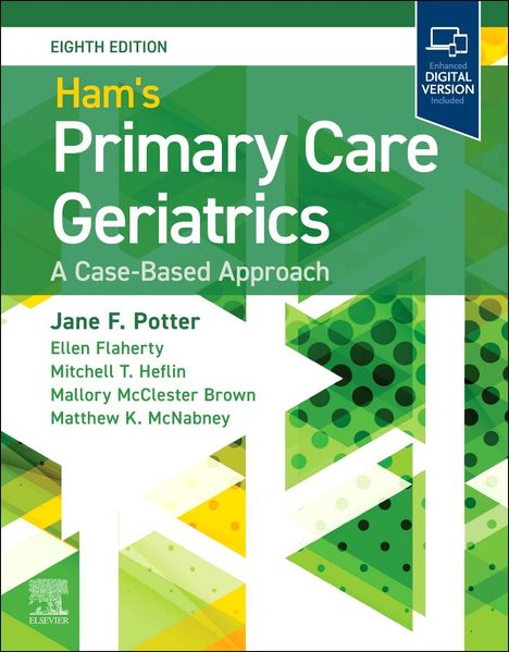 Oben steht "Eighth Edition". Der Titel lautet "Ham's Primary Care Geriatrics". Grüntönige geometrische Muster.