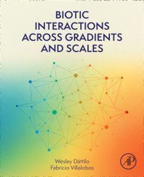 "Biotic Interactions Across Gradients and Scales" von Wesley Dáttilo und Fabricio Villalobos. Netzdiagramm vor Farbverlauf.