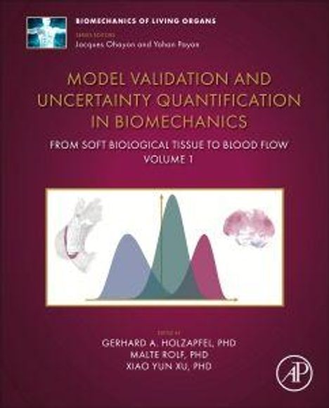 Oben: "BIOMECHANICS OF LIVING ORGANS." 
Unten: Autoren "GERHARD A. HOLZAPFEL, PHD" und andere. 
Zentrale Illustration: Diagramme und Organe.