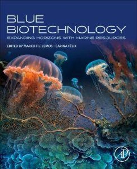 "Blue Biotechnology: Expanding Horizons with Marine Resources." Illustration von bunten Quallen in einer Unterwasserwelt.
