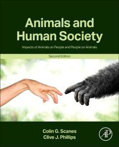 Titel: Animals and Human Society. Zweite Ausgabe. Zwei Hände nähern sich an: eine menschliche, eine Affe.