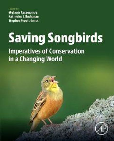 Titel: "Saving Songbirds: Imperatives of Conservation in a Changing World". Vogel sitzt auf einem Felsen.
