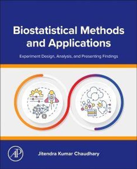 "Biostatistical Methods and Applications" oben, "Jitendra Kumar Chaudhary" unten; Illustration mit wissenschaftlichen Symbolen.