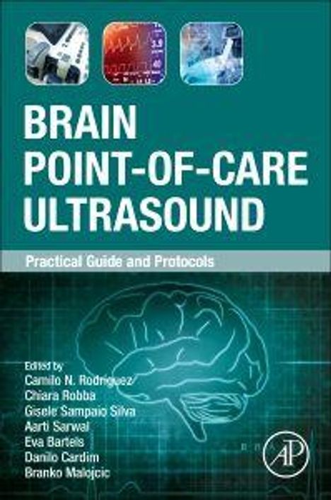 Titel: "BRAIN POINT-OF-CARE ULTRASOUND"; Untertitel: "Practical Guide and Protocols"; Zeichnung eines Gehirns.