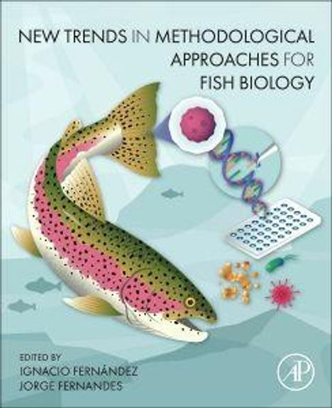 "New Trends in Methodological Approaches for Fish Biology". Illustration eines Fisches mit DNA, Zellen und Laborwerkzeugen.