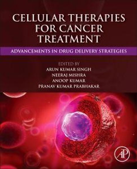 Text: "Cellular Therapies for Cancer Treatment" und "Advancements in Drug Delivery Strategies". Zellillustration mit Autorenliste.