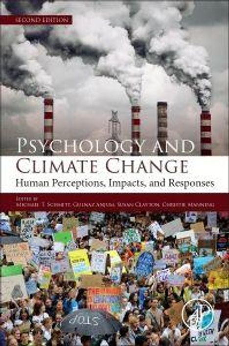 Buchtitel "Psychology and Climate Change", dicker Rauch aus Schornsteinen am Himmel, darunter Menschenmenge mit Protestschildern.
