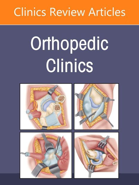 "Orthopedic Clinics" oben. Vier Illustrationen chirurgischer Eingriffe am Knie, zeigen Muskeln und Knochenstrukturen.