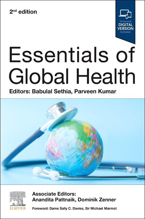 "Essentials of Global Health, 2nd edition. Herausgeber: Babulal Sethia, Parveen Kumar. Stethoskop um einen Globus."