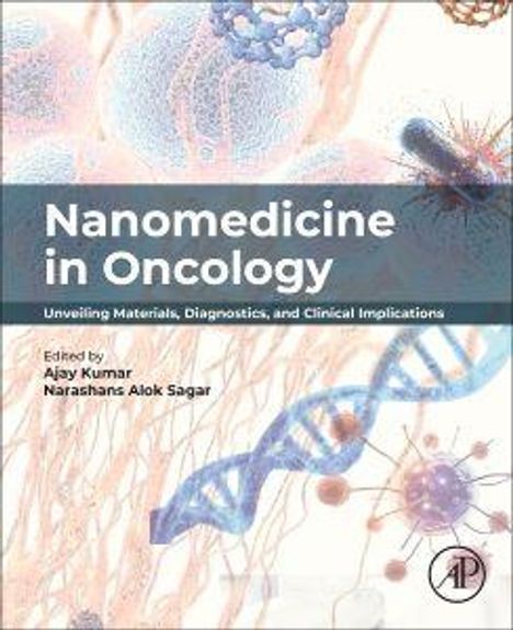 "Nanomedicine in Oncology" und Editoren genannt. Illustration: DNA-Strang, Zellen, wissenschaftliches Thema.