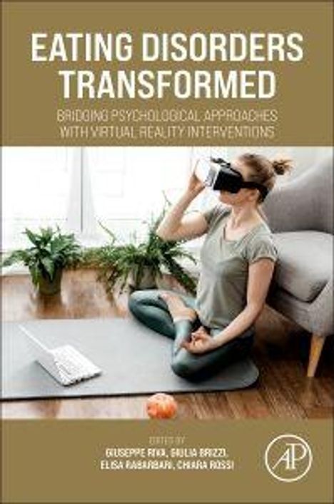 "Eating Disorders Transformed" oben, Frau mit VR-Headset sitzt auf Yogamatte, Obst und Pflanzen im Raum.