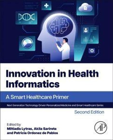 "Innovation in Health Informatics", ein Mann berührt CPU-Grafik. Gemälde im Tech-Stil, medizinische und technologische Symbole.