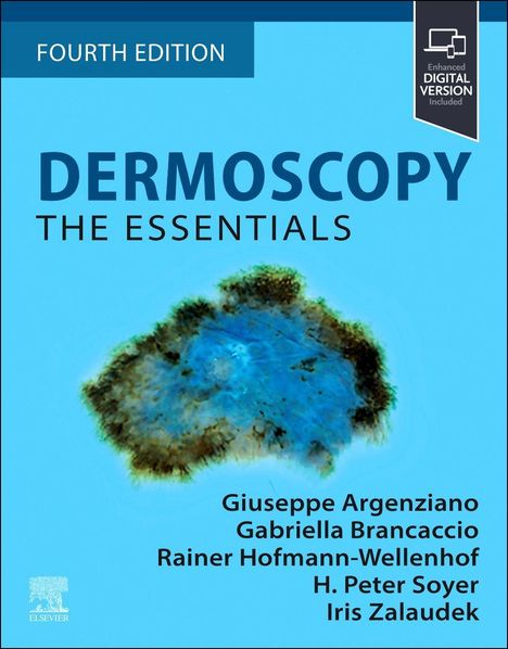 "FOURTH EDITION DERMOSCOPY THE ESSENTIALS" zeigt einen Hautfleck in blauen, braunen und grünen Tönen.