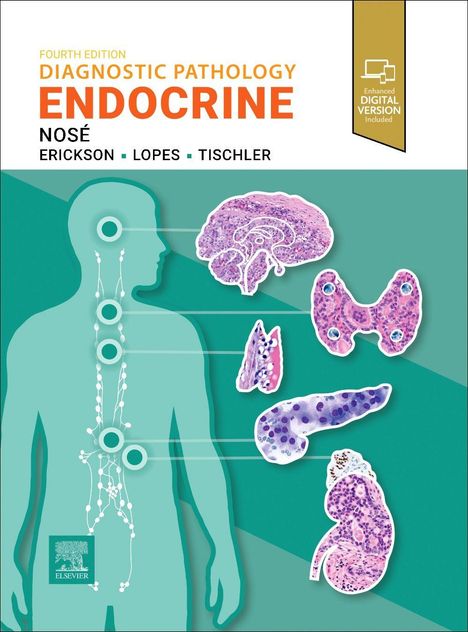Der Text zeigt "Fourth Edition: Diagnostic Pathology Endocrine" von Nosé. Eine Illustration mit körpereigenen Systemen und Organbildern.