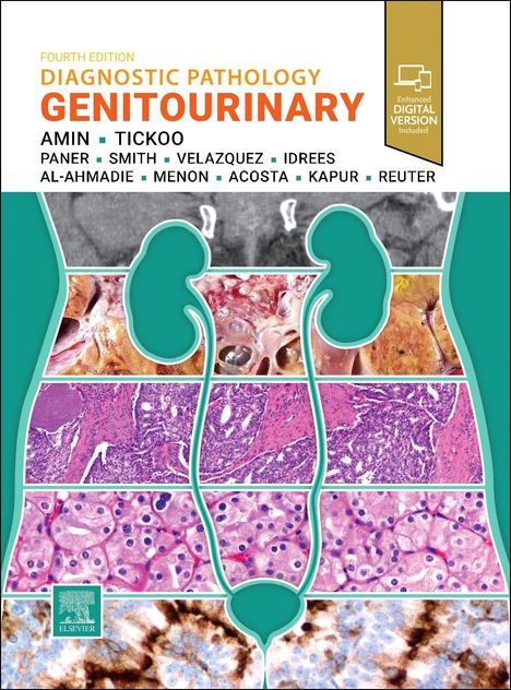Text: "Fourth Edition Diagnostic Pathology Genitourinary." Verschiedene Mikroskopaufnahmen und Illustrationen von Organen.