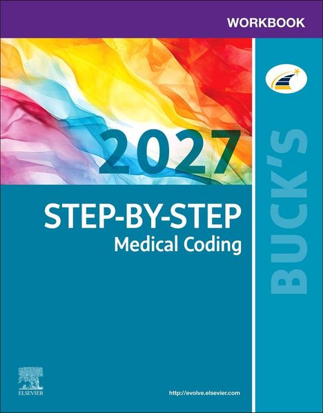 "WORKBOOK 2027 STEP-BY-STEP Medical Coding BUCK'S" auf buntem Hintergrund; Elsevier-Logo unten links.