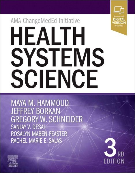 "Health Systems Science, 3rd Edition" von Maya M. Hammoud und anderen. Lila Hintergrund mit geometrischen Linien.