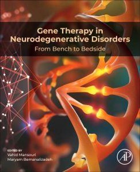 „Gene Therapy in Neurodegenerative Disorders: From Bench to Bedside“. Illustration zeigt DNA-Strang, rote und orange Farben.