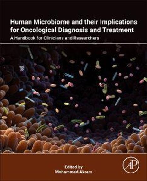 "Human Microbiome and their Implications for Oncological Diagnosis and Treatment" steht oben, unten "Edited by Mohammad Akram". Illustration von Bakterien.