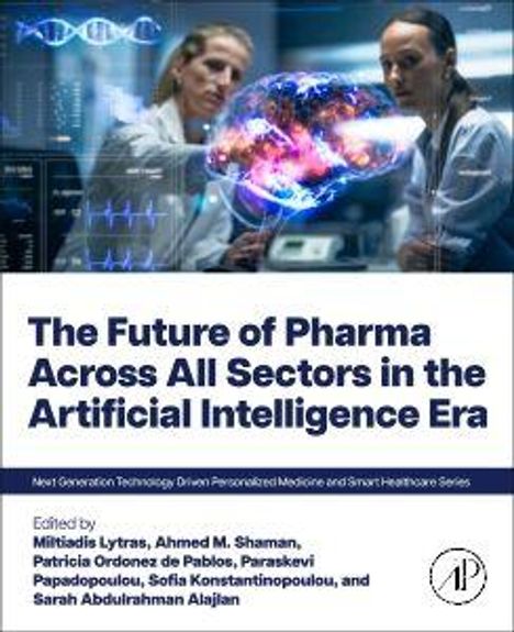"The Future of Pharma Across All Sectors in the Artificial Intelligence Era" ist der Titel. Zwei Forscher vor einem Bildschirm.