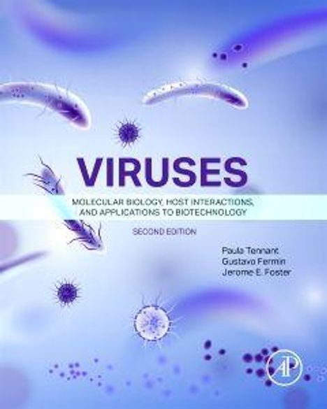 „VIRUSES“, Molekularbiologie, Wirt-Interaktionen, Biotechnologie. Zweite Ausgabe. Bläuliches Design mit Viren-Illustrationen.