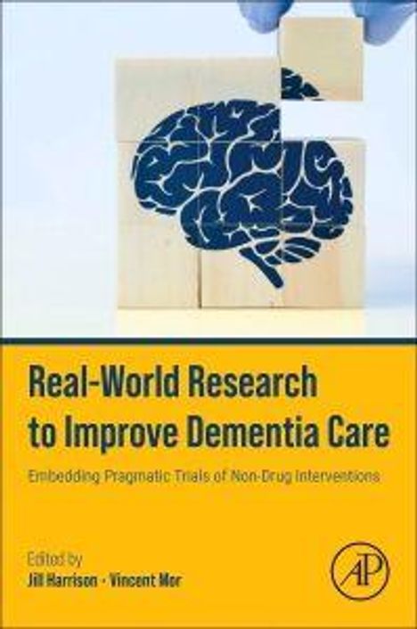 „Real-World Research to Improve Dementia Care“, blaues Gehirn-Puzzle, Namen: Jill Harrison, Vincent Mor, Logo „AP“.