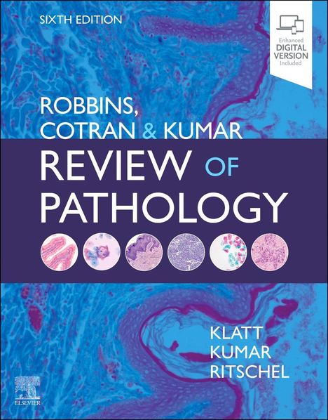 "Sixth Edition, Robbins, Cotran & Kumar Review of Pathology. Klatt, Kumar, Ritschel. Abstrakte blau-rosa Illustration."